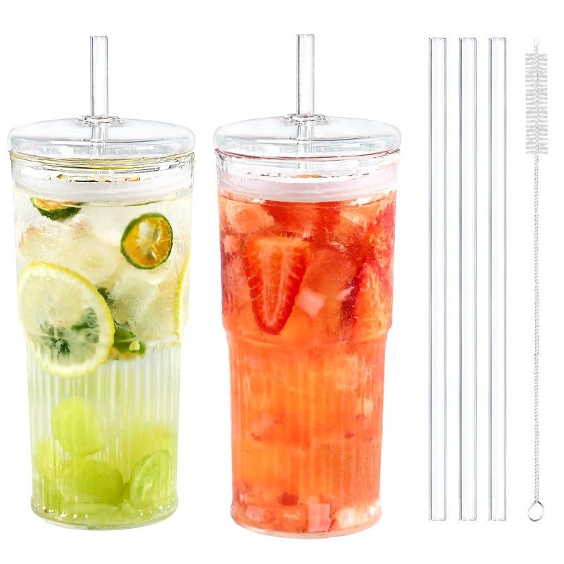 Puraville 20oz Glass Cups with Lids and Straws 2 Pack High Borosilicate Iced Coffee Cups Drinking Glasses Tumbler for Smoothie Water Tea Juice Drinks Clear