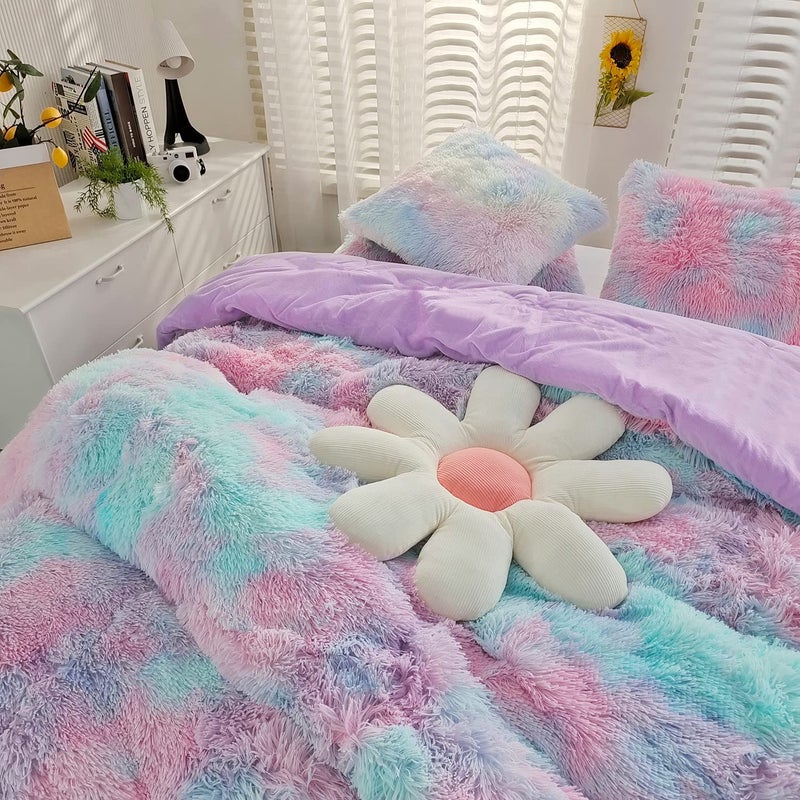 SUCSES Purple Tie Dye Faux Fur Duvet Cover Set Twin Size Colorful Rainbow Plush Shaggy Bedding Set Ultra Soft Fluffy Velvet Comforter Cover for Teens Girls Purple Ombre Twin