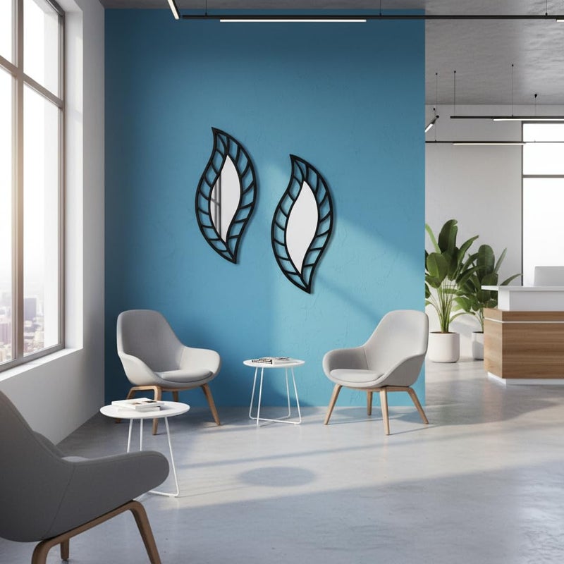 HFR Artech Decorative Wall Mirror Set of 2 "Leaf" Modern MDF Wood Frame Size 20x40cm for Piece Magic Hanging Strong Double Face Adhesive No Nails No Crushing Royal Black - Image 5