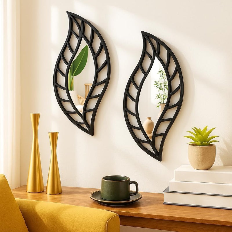 HFR Artech Decorative Wall Mirror Set of 2 "Leaf" Modern MDF Wood Frame Size 20x40cm for Piece Magic Hanging Strong Double Face Adhesive No Nails No Crushing Royal Black - Image 1