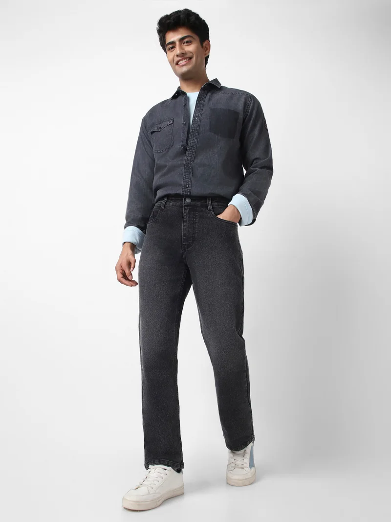 Urbano Fashion  Urbano Fashion Men's Black Straight Fit Washed Jeans Stretchable for Men | Best Price UAE