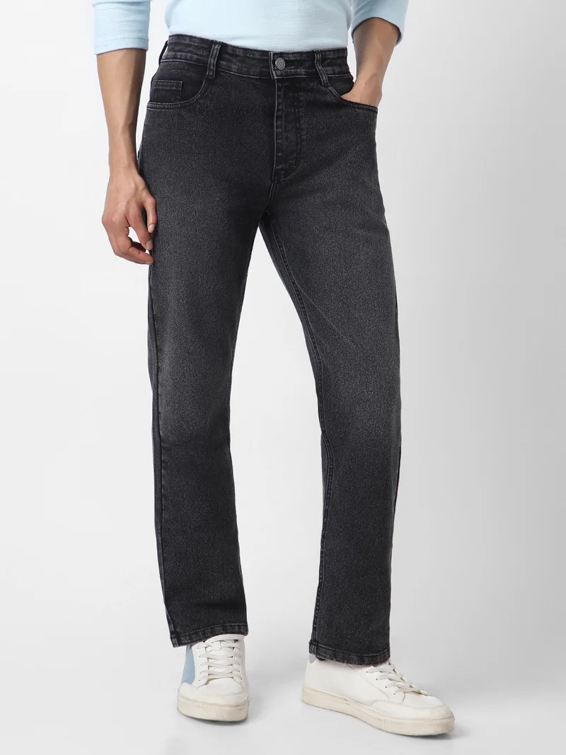 Urbano Fashion Men's Black Straight Fit Washed Jeans Stretchable