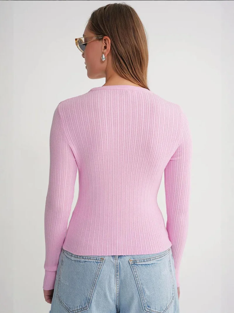 Mixray Powder Pink Mixray Soft Textured Ribbed Fitted Top for Women | Best Price UAE