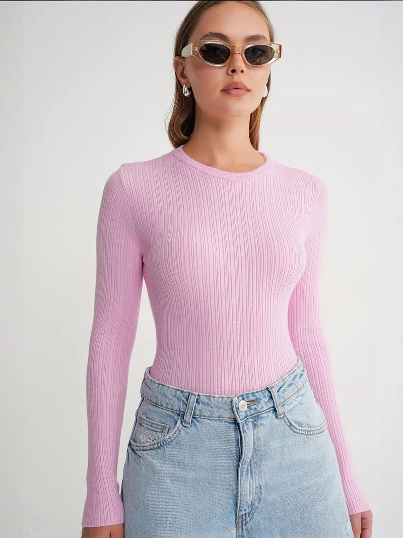 Mixray Powder Pink Mixray Soft Textured Ribbed Fitted Top for Women | Best Price UAE