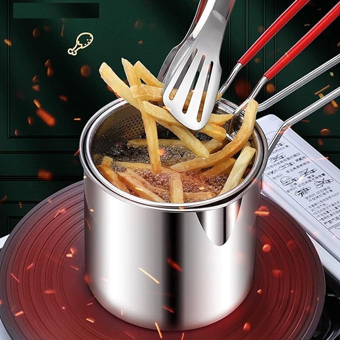 KRESHU 1200ml Stainless Steel Frying Pot | Detachable Mini Fryer Pan with Strainer | Ideal for Fried Chicken, French Fries & Cooking - Household Kitchen Oil Strainer (Silver, 1-Piece) - Image 3