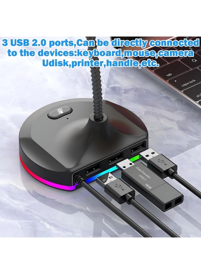 Lacoz 2-in-1 USB Desktop Microphone with 3-Port USB 2.0 Hub Low Noise Omnidirectional Mic with RGB Lighting Mute Button, Flexible Gooseneck for Meetings, Gaming & Online Classes - Image 3