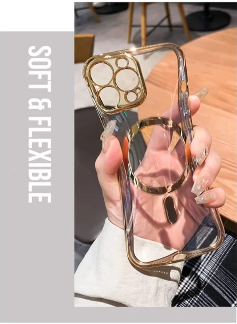 Raxoom Luxury Plating Clear Magnetic For Magsafe Wireless Charge Case Compatible With IPhone 14 Pro|14 Pro Max Soft Silicone Ultraslim Edges Protective TPU PC Hybrid Case(Gold Pro Max) - Image 5