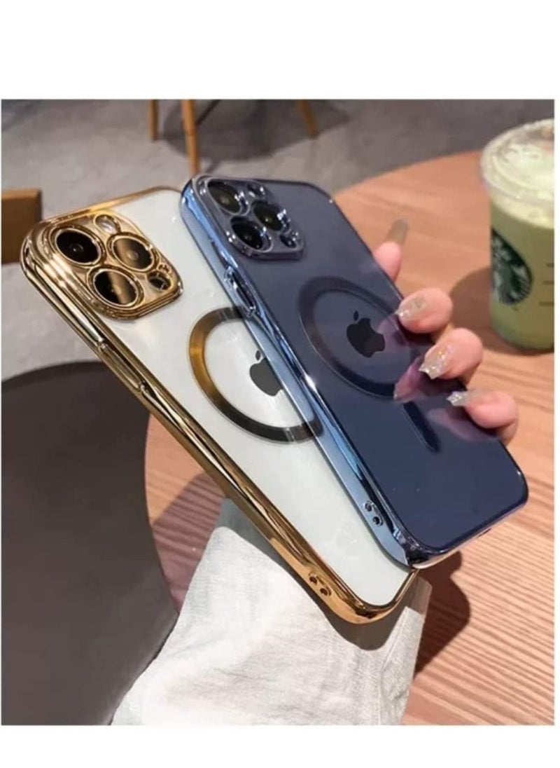 Raxoom Luxury Plating Clear Magnetic For Magsafe Wireless Charge Case Compatible With IPhone 14 Pro|14 Pro Max Soft Silicone Ultraslim Edges Protective TPU PC Hybrid Case(Gold Pro Max) - Image 3