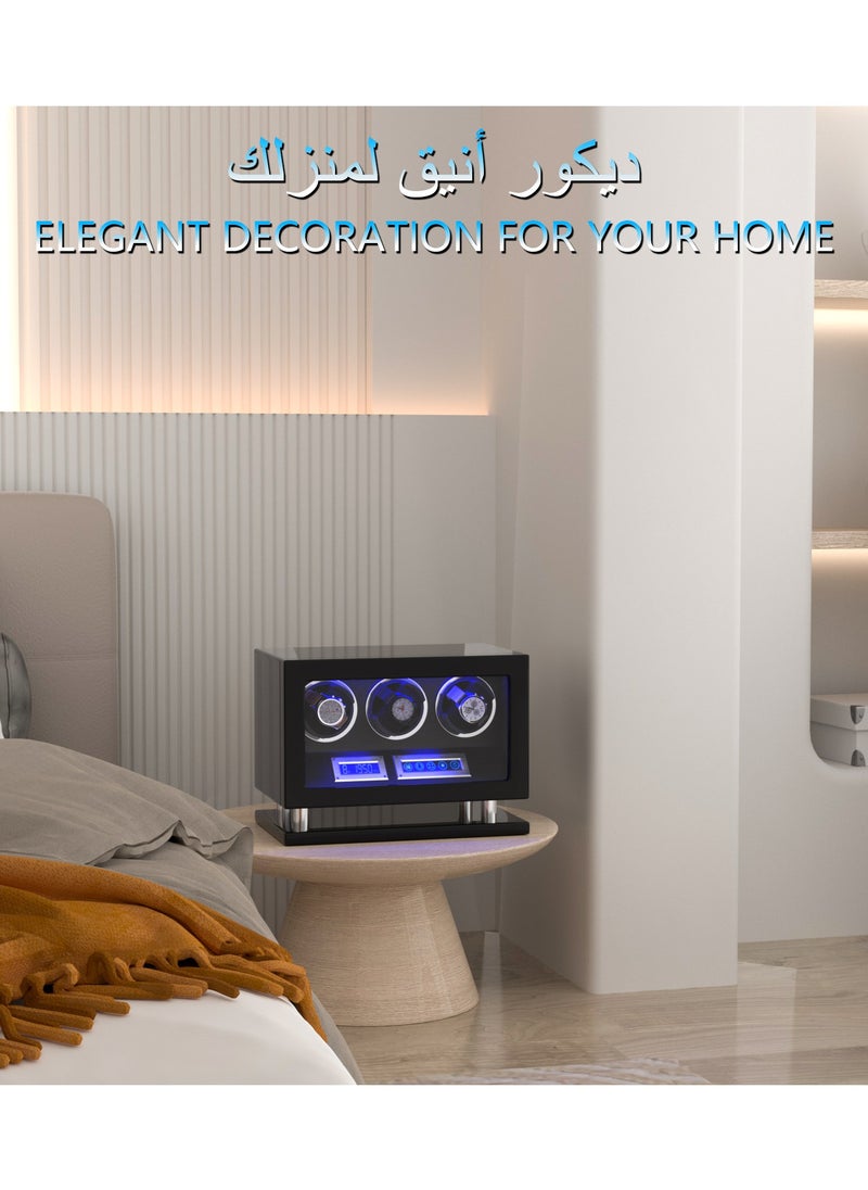 Fingerprint Lock Watch Winder 3 Automatic Winder With LCD Touch Screen, Blue LED Light, 5TPD, 3 Rotation modes, Remote Control, Adjustable Watch Cuff and Super Quiet Motor for watch enthusiasts