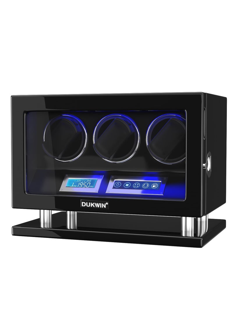 Fingerprint Lock Watch Winder 3 Automatic Winder With LCD Touch Screen, Blue LED Light, 5TPD, 3 Rotation modes, Remote Control, Adjustable Watch Cuff and Super Quiet Motor for watch enthusiasts