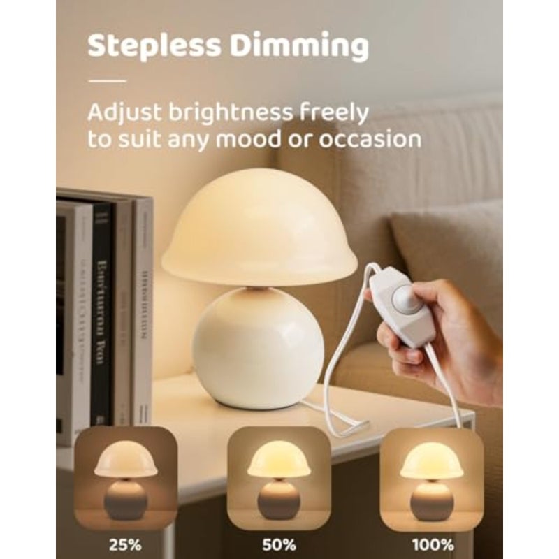 Mushroom Lamp Bedside Table Lamp for Bedroom, Glass Lampshade Cute Nightstand Lamp with Stepless Dimmer, Small Modern Table Lamp for Living Room, Apartment, Desk, Office, Shelf Décor White - Image 3