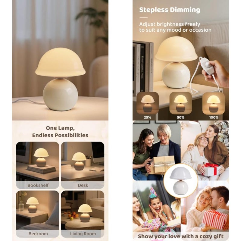 Mushroom Lamp Bedside Table Lamp for Bedroom, Glass Lampshade Cute Nightstand Lamp with Stepless Dimmer, Small Modern Table Lamp for Living Room, Apartment, Desk, Office, Shelf Décor White - Image 1