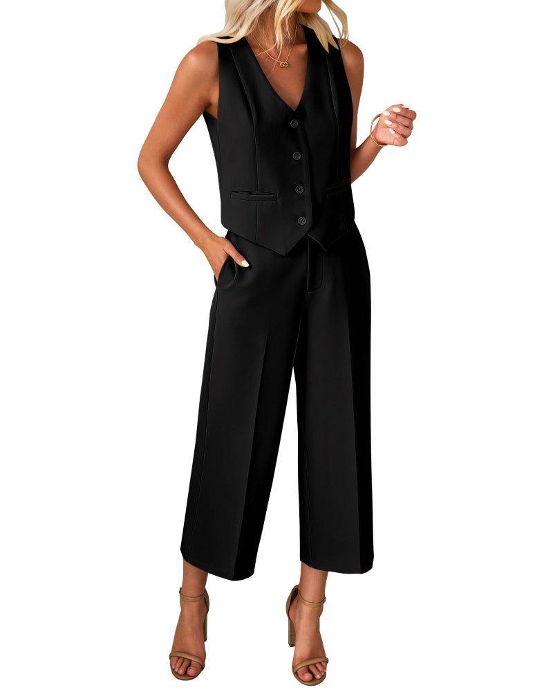 luvamia Two Piece Sets for Women Summer Capri Pant Sets Outfits Summer Spring Outfits for Women Spring Womens Clothes Cute Black Small Fits Size 4 / Size 6 - Image 1