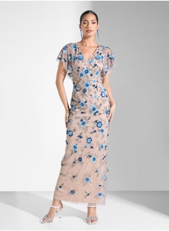 Adrianna Papell Embellished Flutter Sleeve Maxi Dress  - Image 1