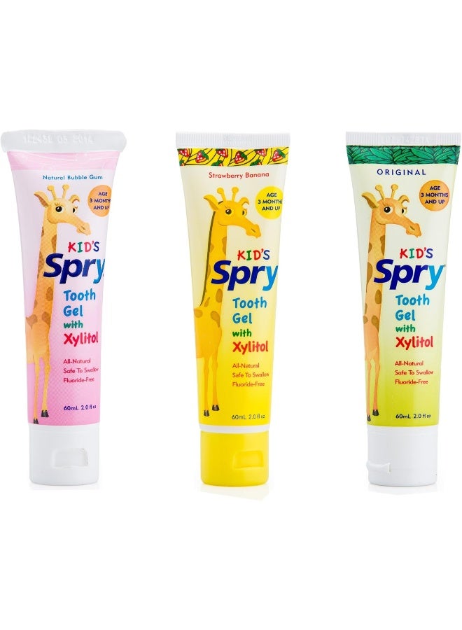 Spry Natural Xylitol Toothpaste for Baby, Toddler, Kids Age 3 Months Up - Fluoride Free Tooth Gel, Support Development of Emerging Teeth, Strawberry Banana, Bubblegum, Original, 2 Fl Oz (Pack of 3) - Image 1