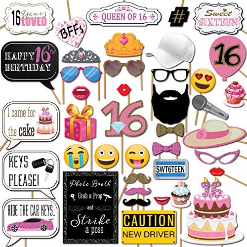 Outside The Booth Sweet 16 Photo Booth Props - 41-pc Selfie Props with 8 x 10-Inch Sign, 60 Adhesive Pads, 45 Sticks - Sweet 16 Accessories - Photo Booth for Sweet 16-16th Birthday Photo Booth Props - Image 1