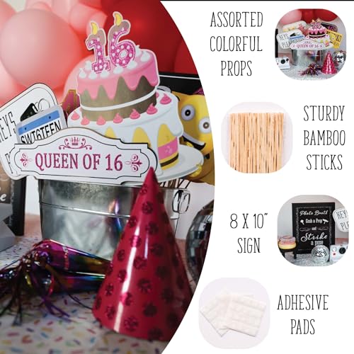 Outside The Booth Sweet 16 Photo Booth Props - 41-pc Selfie Props with 8 x 10-Inch Sign, 60 Adhesive Pads, 45 Sticks - Sweet 16 Accessories - Photo Booth for Sweet 16-16th Birthday Photo Booth Props - Image 2