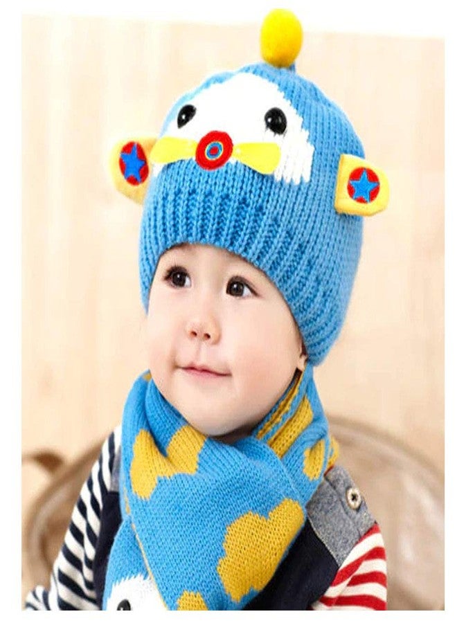 Krystle 2Pcs Little Kids Knitted Beanie Hat & Sacrf Set, Baby Cute Cartoon Cat Winter Warm Earflap Hat and Sacrf Set for 1-5 Years Old (Blue) - Image 2