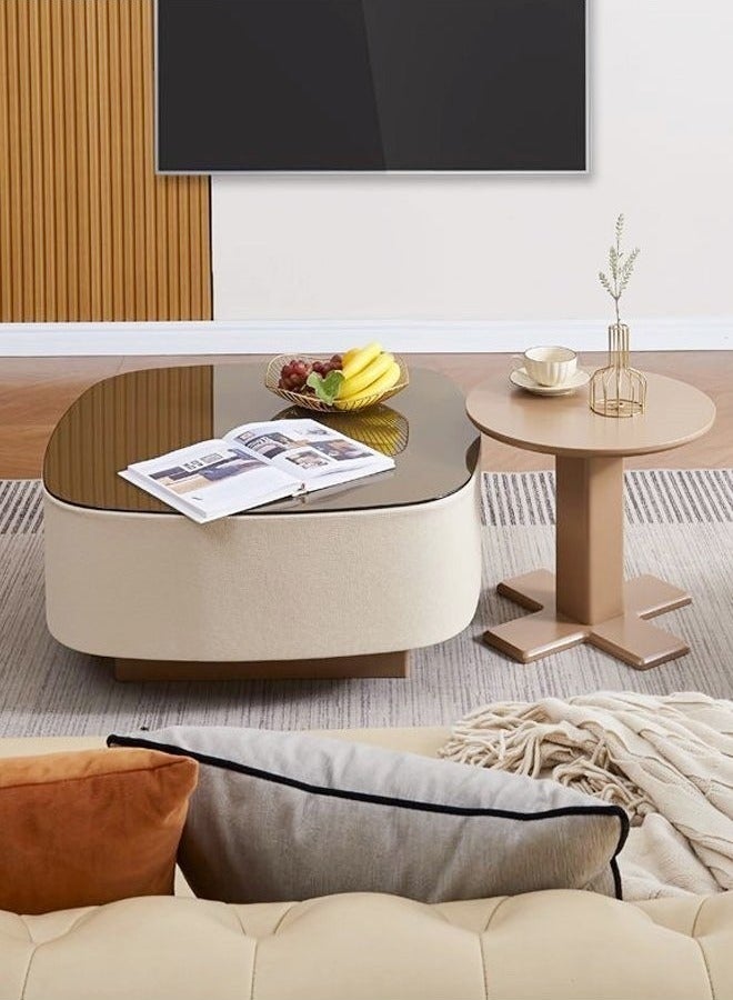 رافين مجموعة من طاولتين قهوة متعددتي الأغراض بتصميم عصري مضاد للتصادم، مغلفتين بالجلد، وقاعدة قوية، وسطح طاولة من الزجاج المقوى، وحواف دائرية، وطاولة مركزية لغرفة المعيشة والمكتب المنزلي، مقاس 40×38.5 و80×80 سم - Image 1