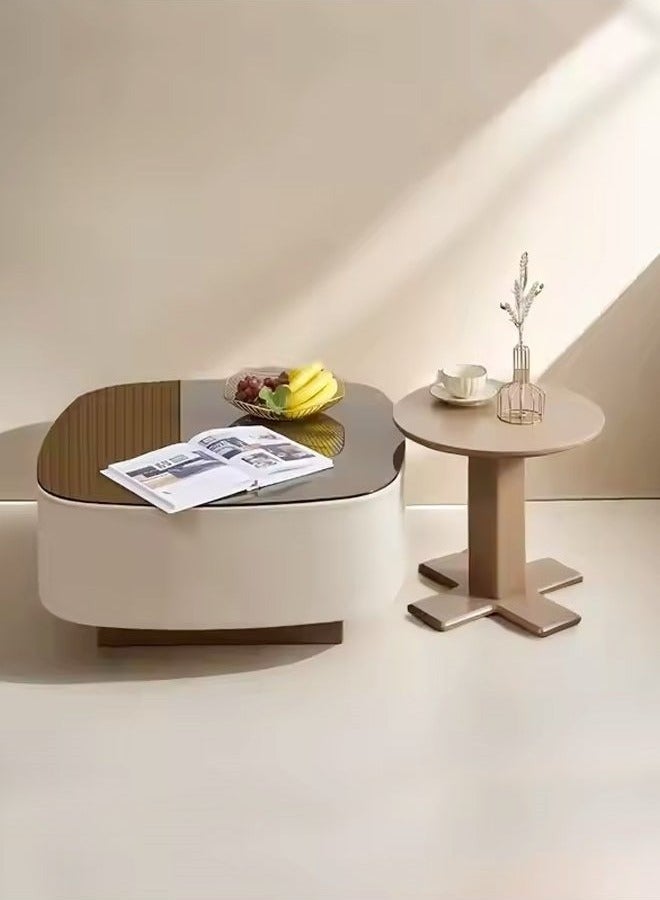 رافين مجموعة من طاولتين قهوة متعددتي الأغراض بتصميم عصري مضاد للتصادم، مغلفتين بالجلد، وقاعدة قوية، وسطح طاولة من الزجاج المقوى، وحواف دائرية، وطاولة مركزية لغرفة المعيشة والمكتب المنزلي، مقاس 40×38.5 و80×80 سم - Image 3