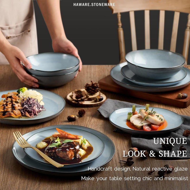 HaWare Dinnerware Sets 24Piece Stoneware Plates and Bowls Set Dish Set for 8 Ceramic Dishware for Home Restaurant Chip and Scratch Resistant Microwave and Dishwasher Safe Reactive Foggy Blue - Image 3