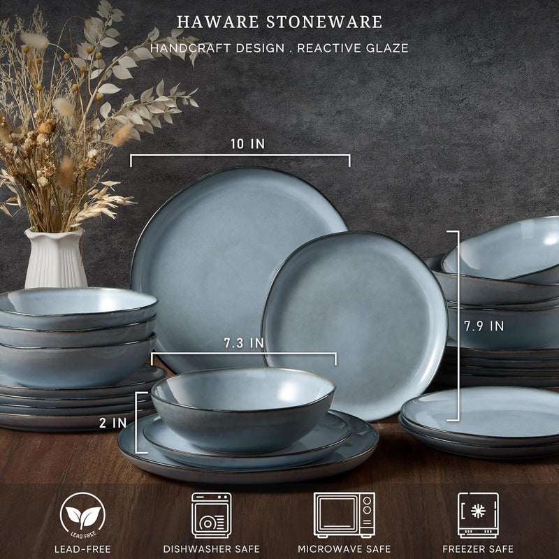HaWare Dinnerware Sets 24Piece Stoneware Plates and Bowls Set Dish Set for 8 Ceramic Dishware for Home Restaurant Chip and Scratch Resistant Microwave and Dishwasher Safe Reactive Foggy Blue - Image 2