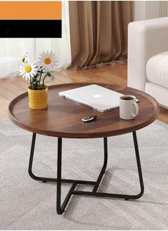 ALMUFARREJ Modern Round Coffee Table For Living Room Wood And Metal Table - Brown And Black - 80 CM  - Image 4