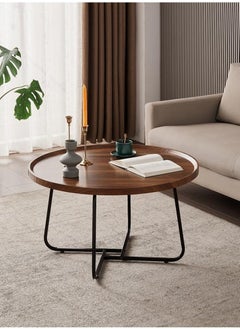 ALMUFARREJ Modern Round Coffee Table For Living Room Wood And Metal Table - Brown And Black - 80 CM  - Image 1