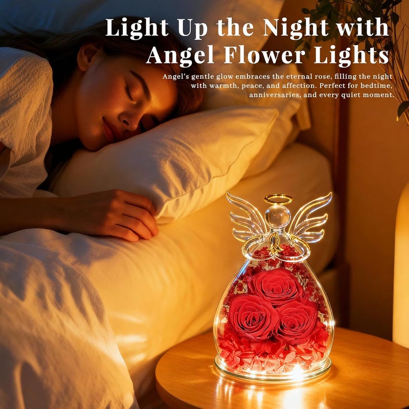 Beferr Christmas Birthday Gifts for Women, Mom Gifts for Christmas Fresh Flowers for Delivery Prime Forever Preserved Rose in Glass Angel Figurine Xmas Gifts for Grandma Wife Sister Her, Red - Image 2