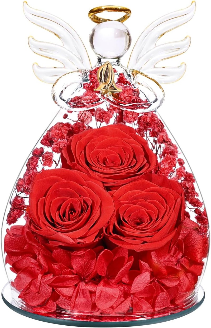 Beferr Christmas Birthday Gifts for Women, Mom Gifts for Christmas Fresh Flowers for Delivery Prime Forever Preserved Rose in Glass Angel Figurine Xmas Gifts for Grandma Wife Sister Her, Red - Image 1