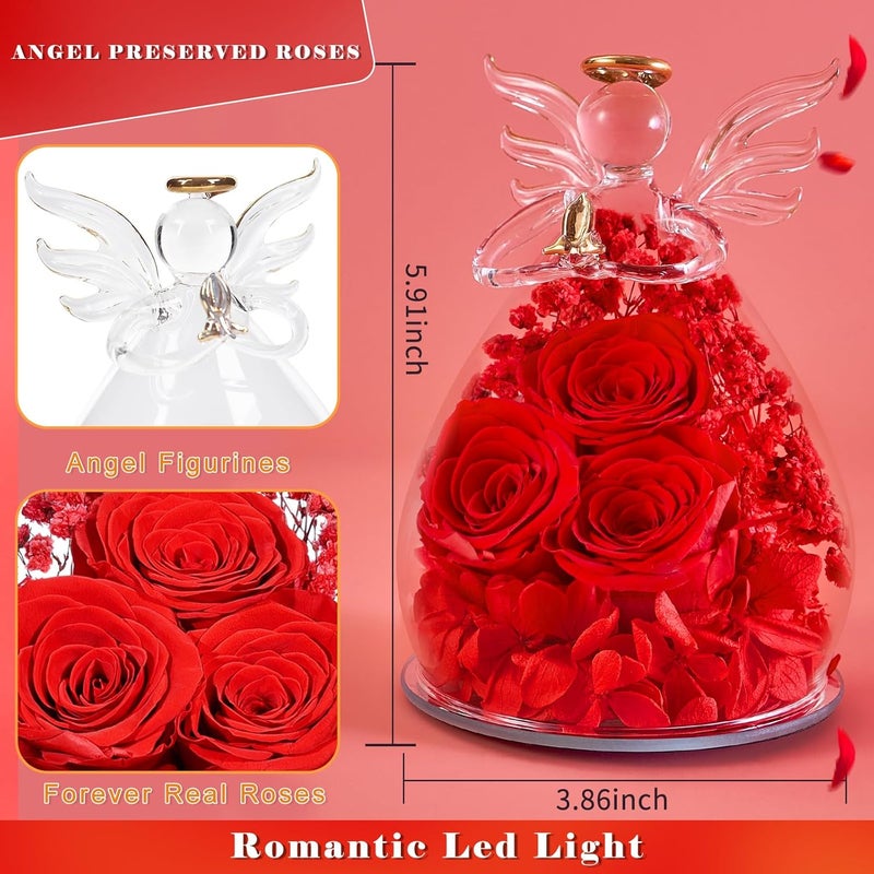 Beferr Christmas Birthday Gifts for Women, Mom Gifts for Christmas Fresh Flowers for Delivery Prime Forever Preserved Rose in Glass Angel Figurine Xmas Gifts for Grandma Wife Sister Her, Red - Image 3