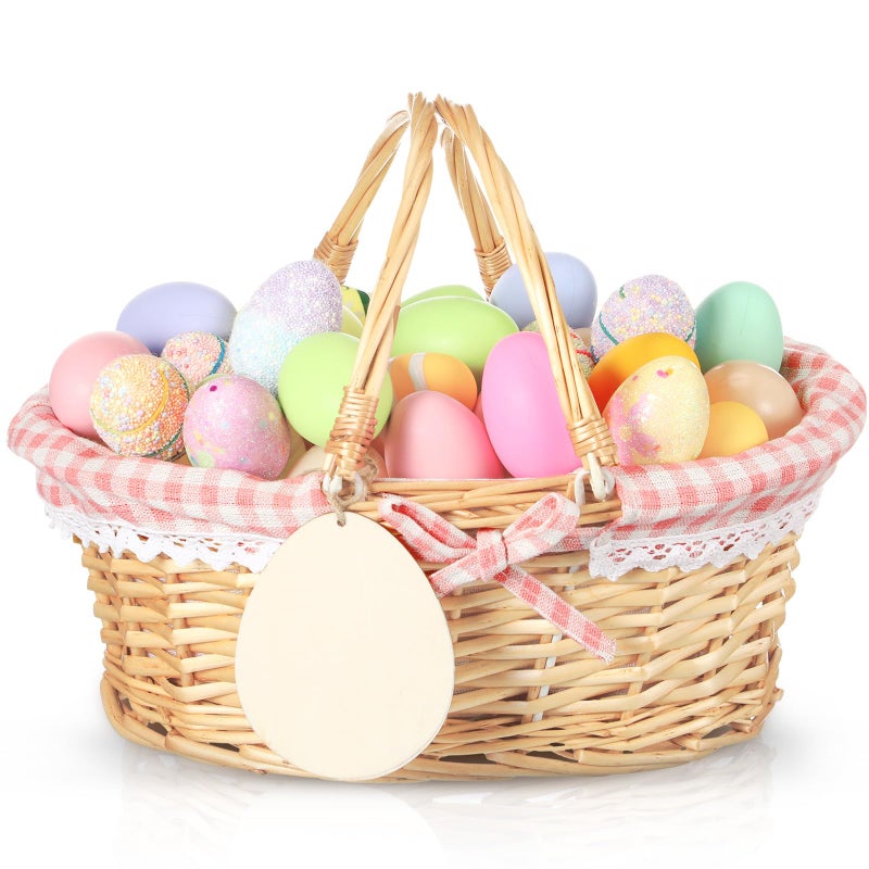 Leinuosen Easter Basket Wicker Picnic Basket with Wooden Egg Cutout Woven Candy Storage Gift Wine Baskets with Handle for Easter Egg Gathering Outdoor Camping Wedding Birthday Party Supplies(Pink) - Image 1