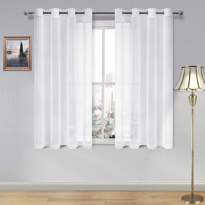 DWCN White Sheer Curtains Linen Look Semi Transparent Voile Grommet Top Solid Lightweight  Airy Gauzy Short Curtains  Drapes for Living Dining Room Drapes W52 x L45 Inch Long Set of 2 Panels