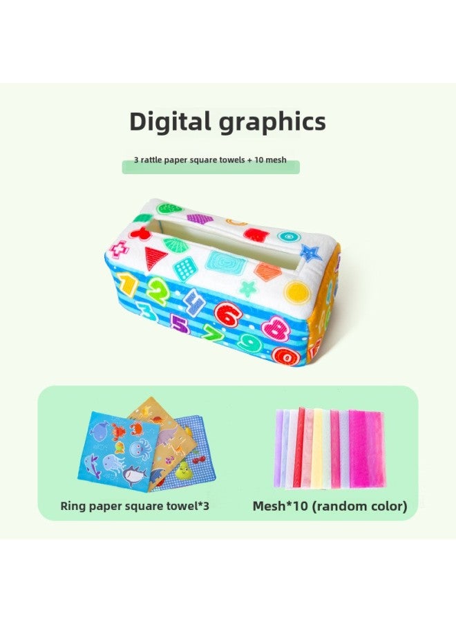 Baby's Tear Tissue Box Paper Tipping Toy Baby Learning Finger Paper Tipping Exercise Soothing Early Education Cloth Book-Color:Digital Graphics +3 Ringing Paper Square Towel +10 Gauze Towel - Image 1