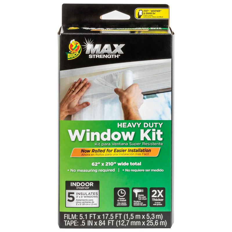 Duck MAX Strength Window Insulation Kit, Winter Window Seal Kit Fits up to 5 Windows, Heavy Duty Shrink Film Cuts to Size for Easy Indoor Installation, Window Tape Included,62 In. x 210 In., Clear - Image 1