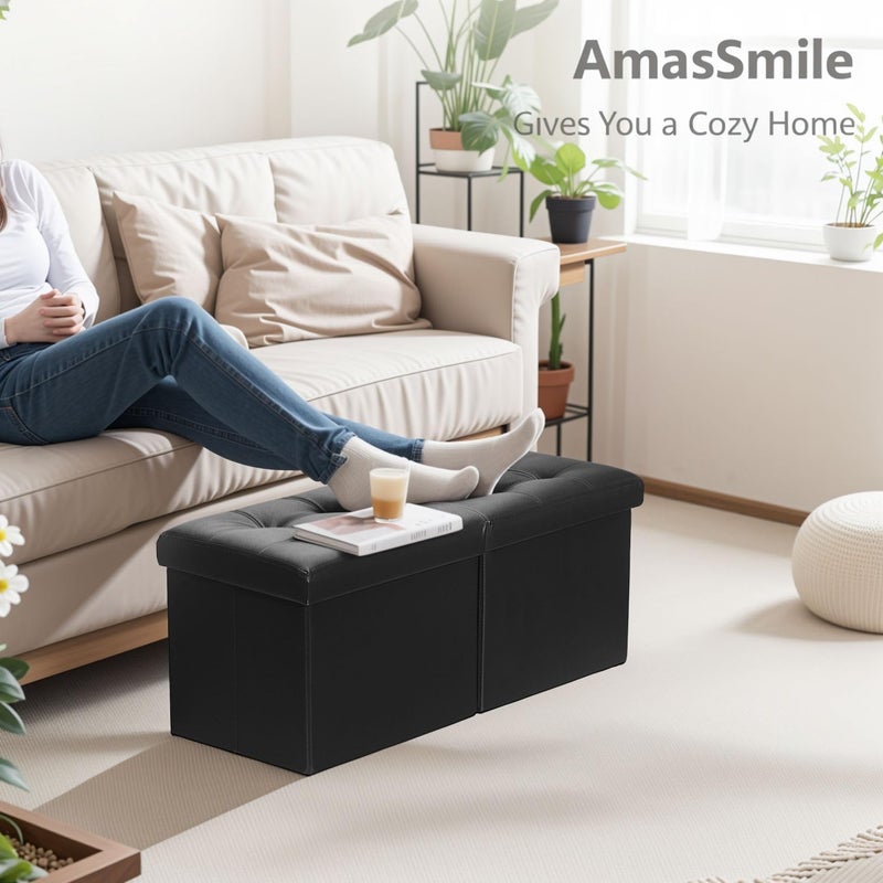 AmasSmile Footrest Ottoman Bench with Storage,34Inch Black Leather Footstool, Coffee Table, Padded Seat, Storage Chest,Blanket Store with Flipping Lid for Livingroom and Bedroom - Image 3