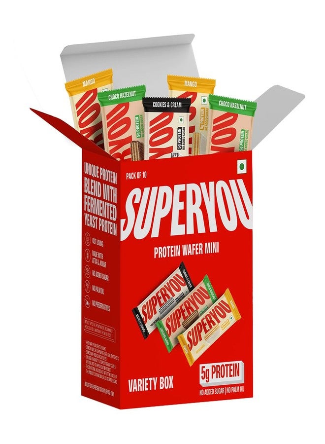 Superyou Assorted Protein Wafer Mini Bars (Pack Of 10)| 5g Protein | Made with Atta & Jowar | No Added Sugar | Yeast Fermented | Energy Bars | 100% Vegetarian |No Palm Oil | 200g - Image 1