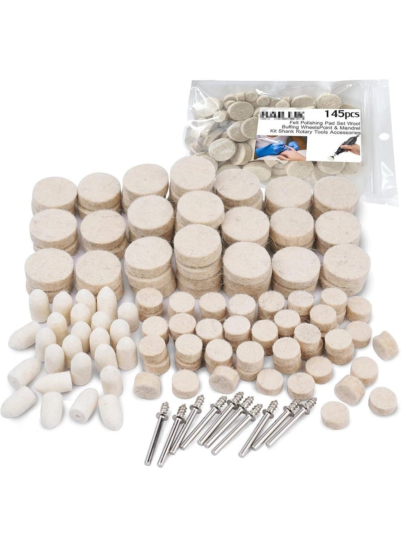 145Pcs Felt Polishing Buffing Wheel Wool Felt Polishing Pad Wheel Professional Accessories, Point & Mandrel 1/8" Shank Kit for Rotary Tools - Image 1