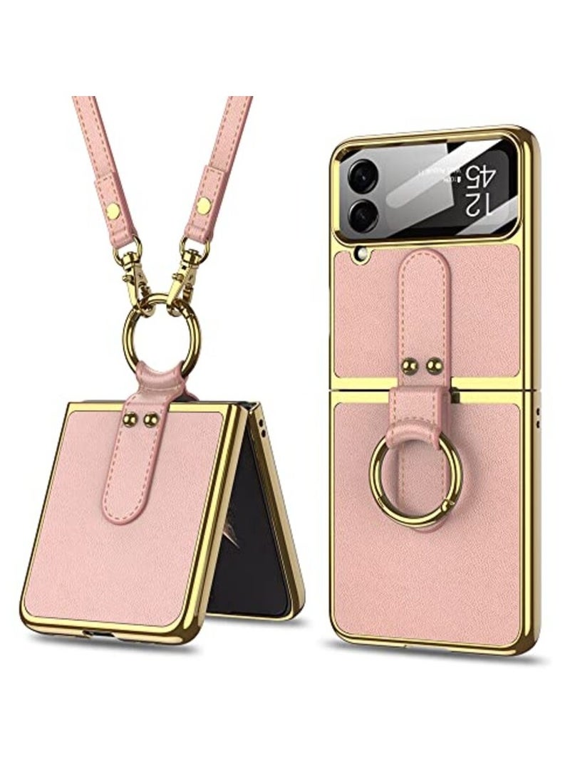 جولدن ماسك جراب جلد رفيع للغاية مع حلقة لموبايل سامسونج جالاكسي Z فليب 4 (بينك)