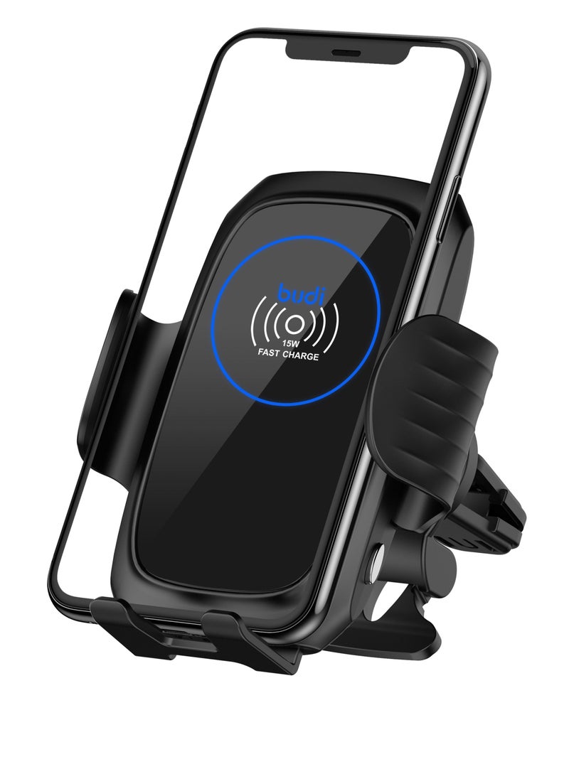 budi 2 in 1 Car Mount Holder with Smart Sensor 15W Qi Charging Pad Mobile Phone Fast Wireless Charger (502)  Black  - Image 1