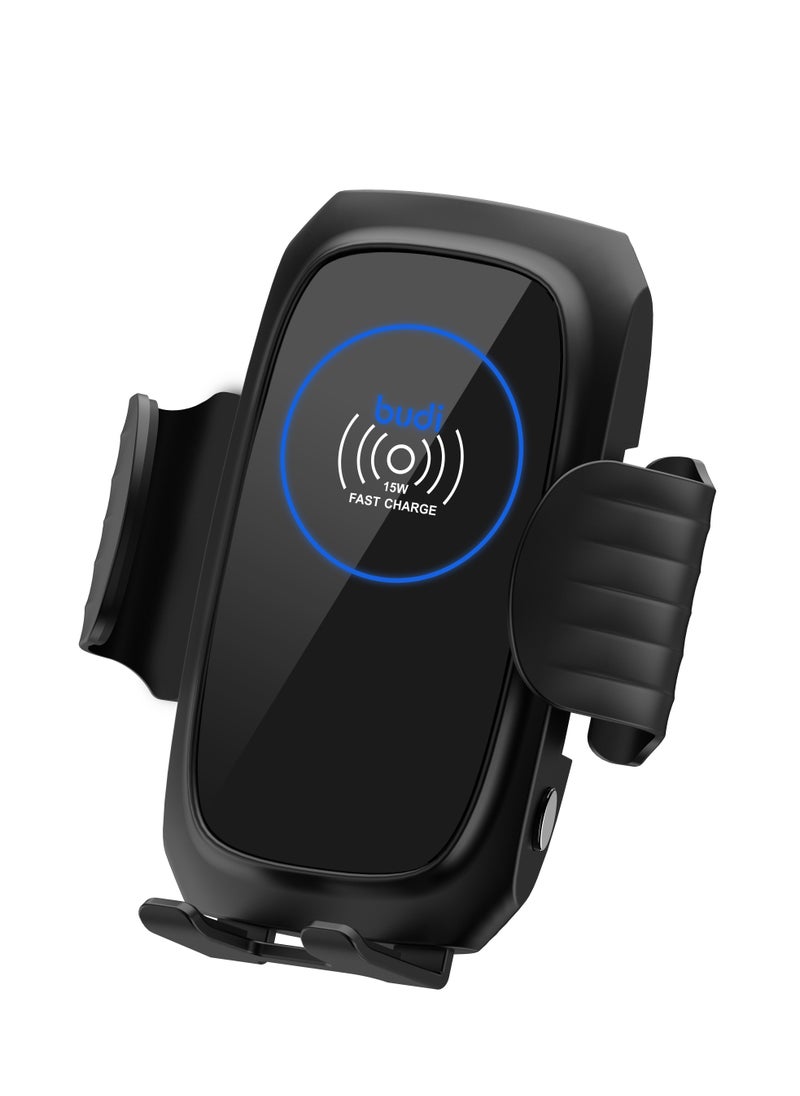budi 2 in 1 Car Mount Holder with Smart Sensor 15W Qi Charging Pad Mobile Phone Fast Wireless Charger (502)  Black  - Image 2