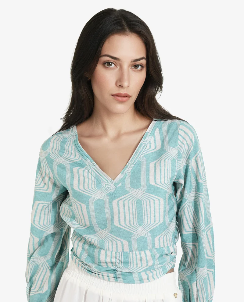 Rareism Women's Geometry V-Neck Crop Top