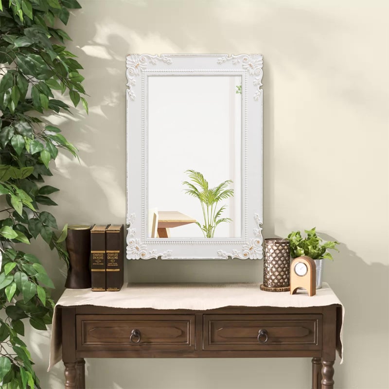 Sintosin Antique White Bathroom Mirror 24 x 36 Inch, Hanging Distressed Gold Mirror Vintage, Rustic Wood Frame with Beaded Detailing Rectangular Vintage Mirrors for Wall, Horizontal or Vertical - Image 3