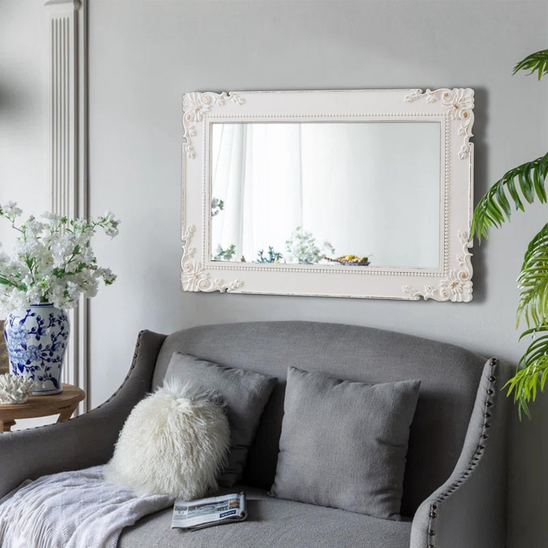 Sintosin Antique White Bathroom Mirror 24 x 36 Inch, Hanging Distressed Gold Mirror Vintage, Rustic Wood Frame with Beaded Detailing Rectangular Vintage Mirrors for Wall, Horizontal or Vertical - Image 5