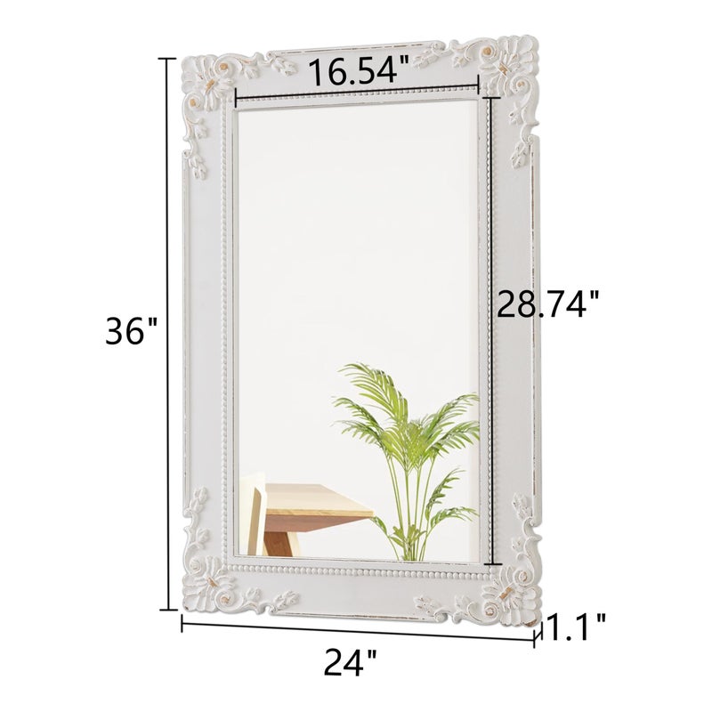 Sintosin Antique White Bathroom Mirror 24 x 36 Inch, Hanging Distressed Gold Mirror Vintage, Rustic Wood Frame with Beaded Detailing Rectangular Vintage Mirrors for Wall, Horizontal or Vertical - Image 2