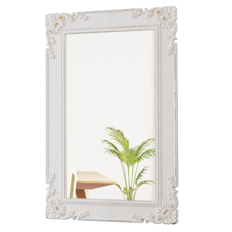 Sintosin Antique White Bathroom Mirror 24 x 36 Inch, Hanging Distressed Gold Mirror Vintage, Rustic Wood Frame with Beaded Detailing Rectangular Vintage Mirrors for Wall, Horizontal or Vertical - Image 1