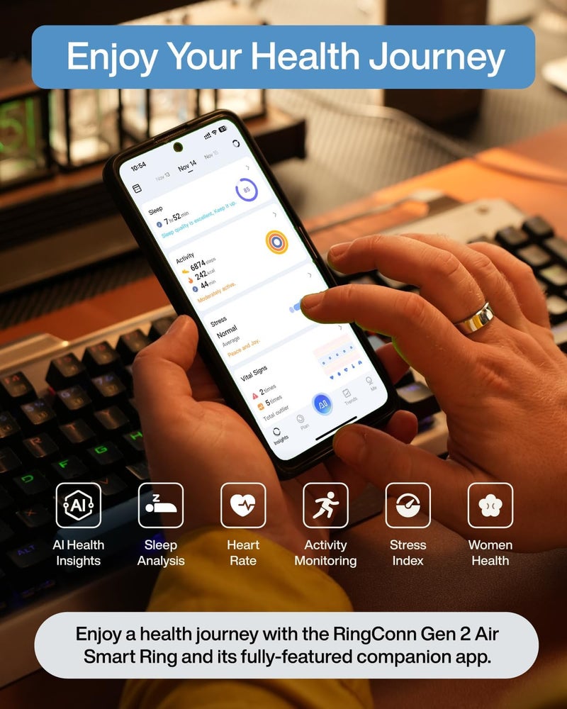 Gen 2 Air, حلقة الذكاء الاصطناعي رقيقة جداً، عمر البطارية لمدة 10 أيام، تتبع اللياقة البدنية / النوم / الإجهاد / الموارد البشرية للنساء والرجال، لا رسوم تطبيق للميزات القياسية، متوافق مع نظام التشغيل iOS و Android (الحجم 6، Galaxy Sliver) - Image 3
