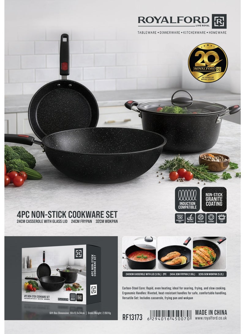 رويال فورد Royalford 4pcs Non-Stick Cookware Set RF13173 Casserole 24cm Wok pan 32cm Frypan 24cm with Lid Less Oil Use Healthy Cooking Set Even Heating Induction & Gas Ready - Image 4