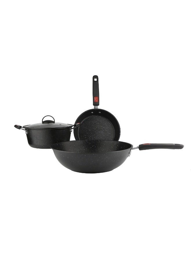 رويال فورد Royalford 4pcs Non-Stick Cookware Set RF13173 Casserole 24cm Wok pan 32cm Frypan 24cm with Lid Less Oil Use Healthy Cooking Set Even Heating Induction & Gas Ready - Image 1