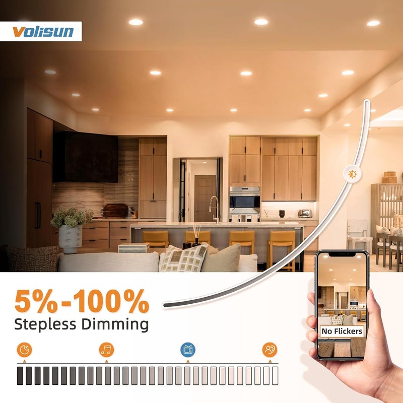 VOLISUN 12 Pack 4 inch Recessed Lighting, 5CCT LED Recessed Light with Junction Box, 2700K-5000K Selectable, 9.5W Eqv 80W, 810LM Dimmable Canless Wafer Downlight, LED Ceiling Light ETL Certificated - Image 4
